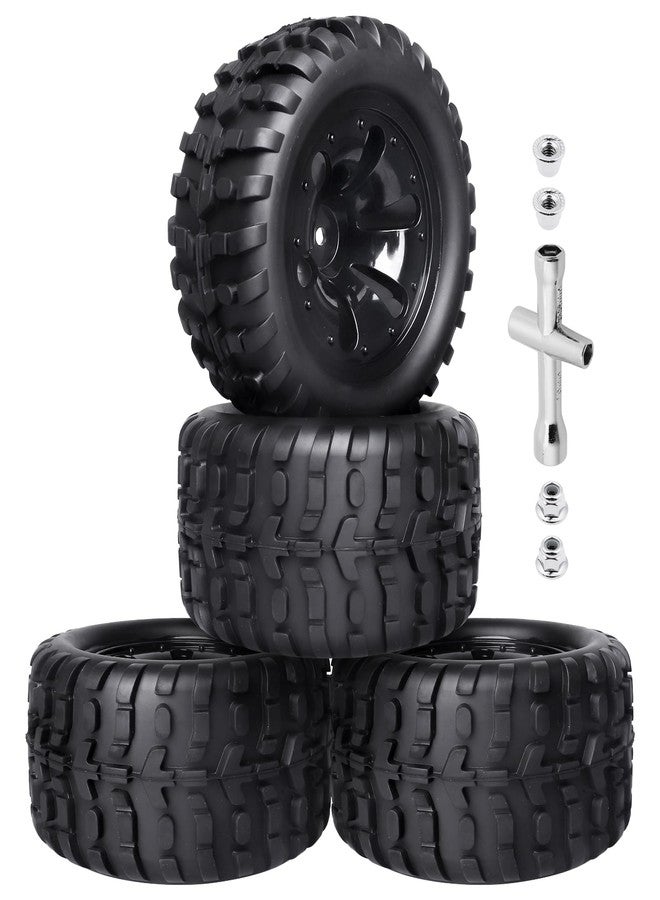 FriHobby Preglued 1/10 RC Truck Wheels Tires Set 2.8" Tires 12mm Hex Compatible with Traxxas Stampede Rustler 4×4 2WD Redcat Blackout Volcano Brushless Lipo Power 2S-4S - Image 1